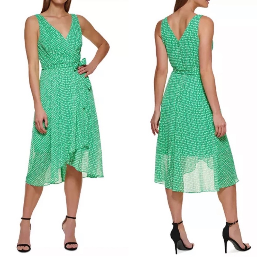 DKNY Lime Green White Chiffon Sleeveless Faux Wrap V Neck Fit & Flare Midi Dress